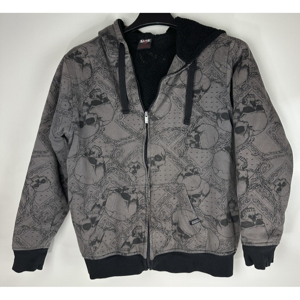 MMA Elite Hoodie Sherpa Lined Grunge Full Zip Y2K Alt Punk Skull Emo Mens Medium - Picture 15 of 16